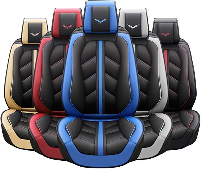 otoez Leather Car Seat Covers Full Set, Full Coverage Seat Covers for Cars, Waterproof Automotive Front & Back Seat Protector Universal Fit Most 5 Seats Car Sedan Truck SUV (Black & Red)