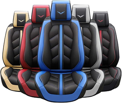 otoez Leather Car Seat Covers Full Set, Full Coverage Seat Covers for Cars, Waterproof Automotive Front & Back Seat Protector Universal Fit Most 5 Seats Car Sedan Truck SUV (Black & Red)
