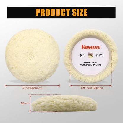 VIBRATITE 8 Inch Wool Buffing Pads, Natural Wool Polishing Pads, Hook and Loop Buffing Pad for Polisher, Cutting and Compounding, Car Polishing