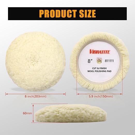 VIBRATITE 8 Inch Wool Buffing Pads, Natural Wool Polishing Pads, Hook and Loop Buffing Pad for Polisher, Cutting and Compounding, Car Polishing
