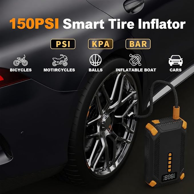 1000A Jump Starter with Air Compressor, 150PSI Portable Car Battery Booster Pack, 12V Jump Box for 6L Gas/3L Diesel Engines, Auto Shut-Off Tire Inflator, LCD Display, LED Light, USB Power Bank