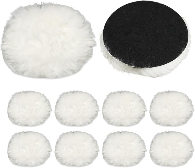 10 Pcs Wool Polishing Pad 3 Inches Soft Sheepskin Buffing Pads with Hook and Loop Back for Compound Cutting & Polishing for Automotive, Marine, Furniture