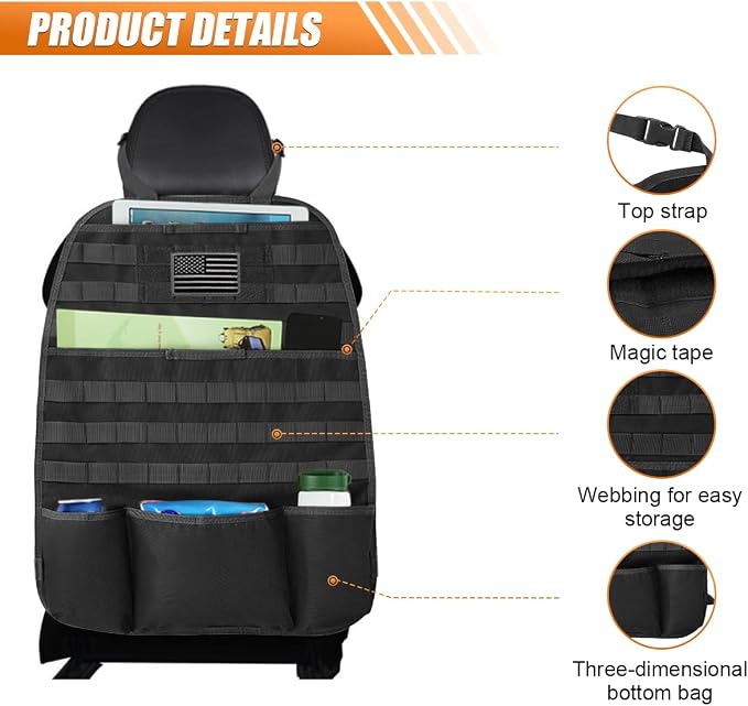 Tactical Molle Car Seat Back Organizer, Vehicle Panel Car Seat Back Cover Protector with 5 Storage Pouch, Universal Backseat Storage Organizer with USA Flag Patch for Car SUV Truck MPV (Black-1 Pc)