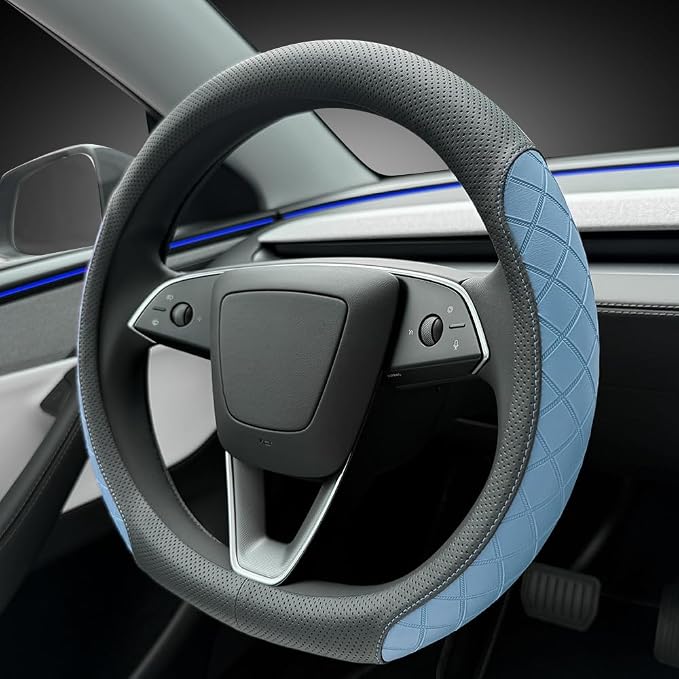 LKWLIKEI Leather Steering Wheel Cover. Elegant Diamond Checkered Design, Non-Slip and Breathable, for Tesla Model 3/Y Steering Wheel Protector,Black Blue