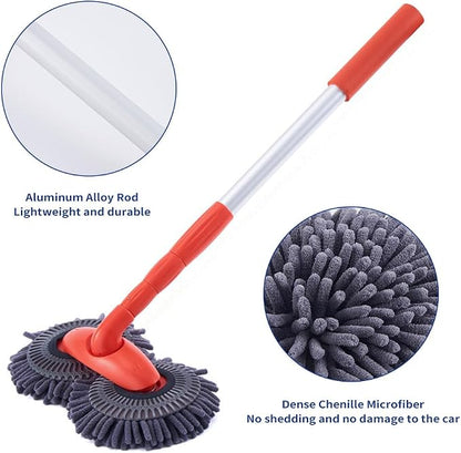 Double Head Car Wash Mop with Long Extension Pole, Telescoping Chenille Microfiber Wash Brush for Car Truck SUV and RV, Lightweight Aluminum Cleaning Tool with Foam Grip Handle