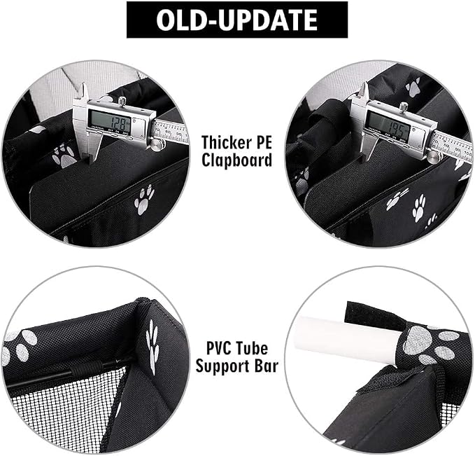 Petbobi Pet Reinforce Car Booster Seat for Dog Cat Portable and Breathable Bag with Seat Belt Dog Carrier Safety Stable for Travel Look Out,with Clip on Leash with PVC Tube, Black Paw Print