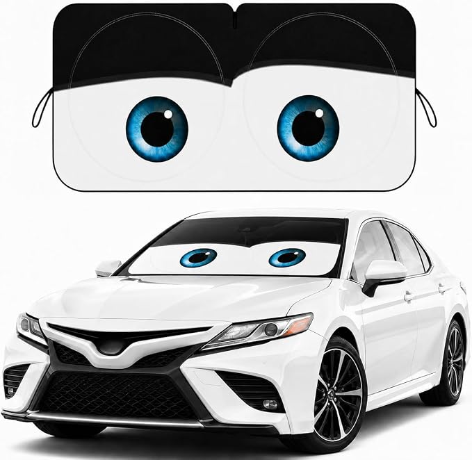 Car Windshield Sun Shade, Funny Cartoon Eyes Car Sun Shade, UV Heat Protection Windshield Cover Universal Fits Mid-Large Sedan SUV Crossover Family Vehicle - 63 x 31.5