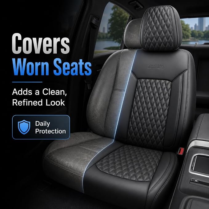 Front Car Seat Covers Set of 2,Universal Precision Fit Contoured Heavy-Duty Nappa Leather Waterproof Automotive Seat Covers& Accessories for SUV Trukcs,forros para asientos de carro,Style1 Black