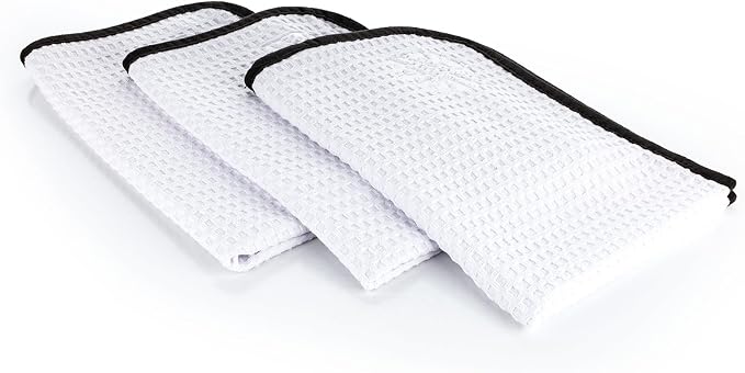 The Rag Company - Dry Me A River, Professional Korean 70/30 Blend Microfiber Waffle-Weave Drying & Detailing Towels, Soft Suede Edges, 390 GSM, 16x24 Inches, White, 3-Pack