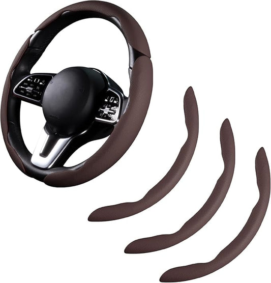 Car Steering Wheel Cover Leather Snap On 3Pcs Set Non-Slip Protector Wrap Steering Wheel Accessories 14.5-15 inch Universal Brown