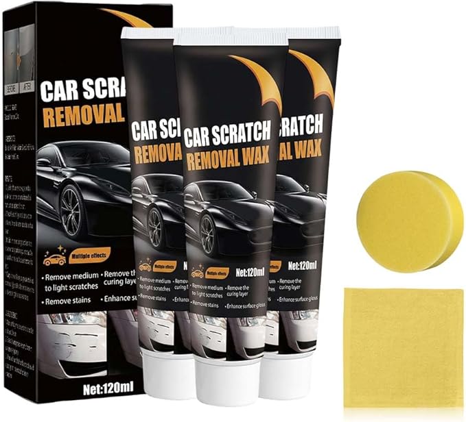Car Scratch Repair Wax with Sponge and Towel, 2026 New Upgrade Car Scratch Remover Wax, Automotive Scratch Repair, Professional Car Paint Repair Compound for Deep Scratches (120g*3)