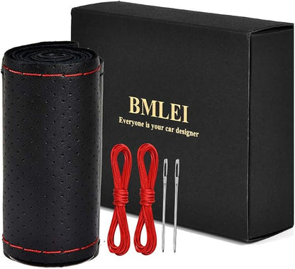 BMLEI Universal Car Steering Wheel Cover with Top Genuine Leather, Anti-Slip Design and Soft Padding, Stitching Style (Black Leather with red Thread)