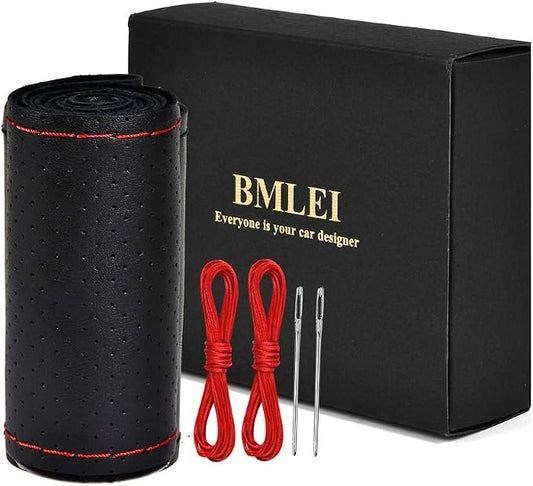 BMLEI Universal Car Steering Wheel Cover with Top Genuine Leather, Anti-Slip Design and Soft Padding, Stitching Style (Black Leather with red Thread)