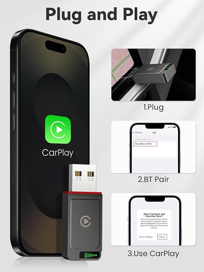 GATGOODS Wireless CarPlay Adapter for iPhone, Metal Housing, Convert Wired to Wireless, USB/Type-C Design for Cars with Built-in Wired CarPlay, Plug & Play, Stable & Fast, for iOS 10+ (CTC1)