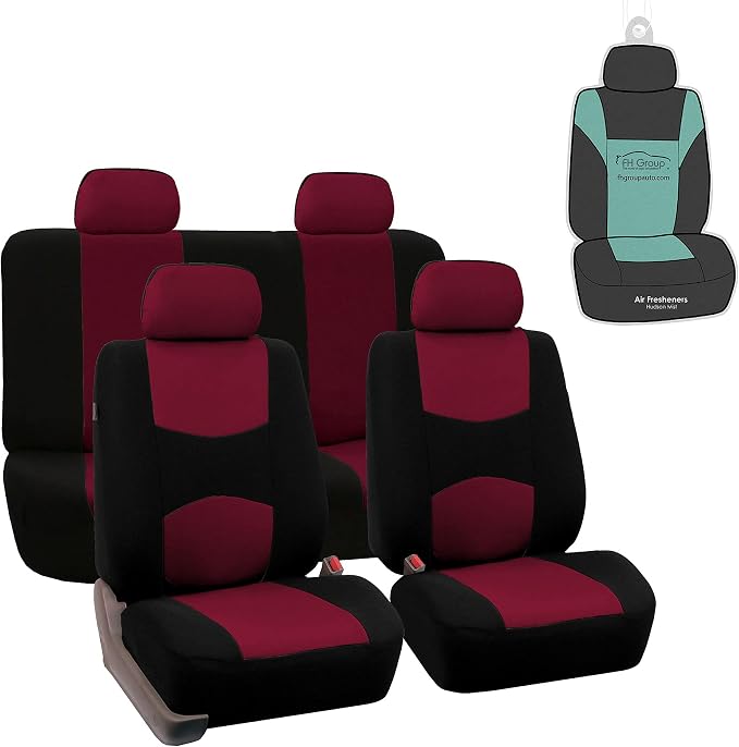 FH Group Flat Cloth Seat Covers Front Seat and Solid Rear Bench Full Set with Gift - Universal Fit for Cars, Trucks & SUVs (Burgundy)