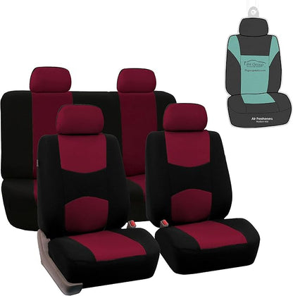 FH Group Flat Cloth Seat Covers Front Seat and Solid Rear Bench Full Set with Gift - Universal Fit for Cars, Trucks & SUVs (Burgundy)