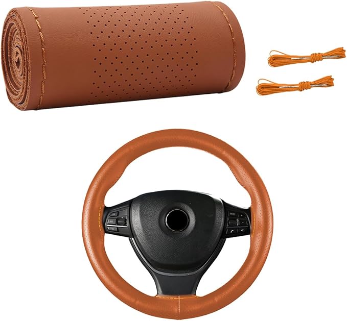 Wevdn Genuine Leather Steering Wheel Cover, Stitch on Wrap, DIY Sewing Steering Wheel Protector, 15 Inch Breathable Non-Slip Steering Wheel Protector, Car Accessories (Brown, Middle Hole)