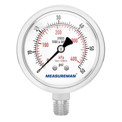 MEASUREMAN Fully Stainless Steel Hydraulic Glycerin Filled Pressure Gauge, 2-1/2" Dial Size, 1/4" NPT Lower Mount, 0-60psi/kpa