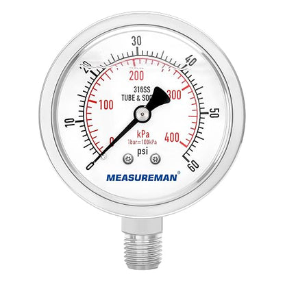 MEASUREMAN Fully Stainless Steel Hydraulic Glycerin Filled Pressure Gauge, 2-1/2" Dial Size, 1/4" NPT Lower Mount, 0-60psi/kpa