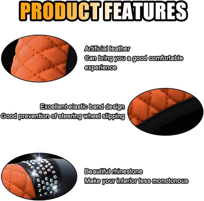 Bling Soft Leather Steering Wheel Cover, 15 Inch Colorful Rhinestones Auto Elastic Protector with Crystal Diamond for Women Girls, Car Accessories for Most Cars, SUVs (Orange)
