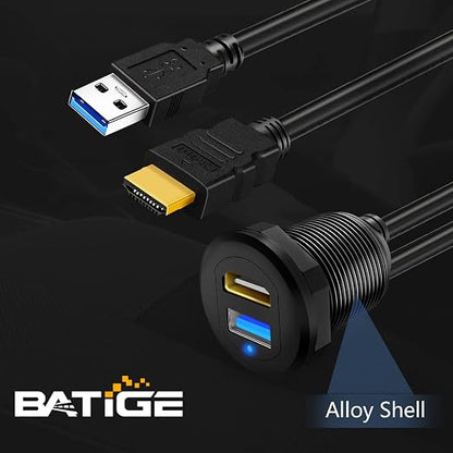 USB 3.0 HDMI Car Mount Flush USB Port Cable, Alloy Shell HDMI USB3.0 Dash Panel Extension Cable with LED Indicator for Car Boat Motorcycle -3ft