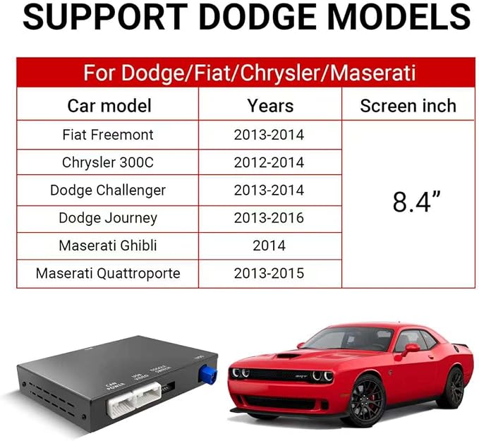 Wireless CarPlay Android Auto Adapter Decoder Retrofit Kit Fits 2012-2016 Dodge Fiat Chrysler Maserati with 8.4'' Screen, Support Voice Control/ AirPlay/ Mirror Link/ Camera/ USB Drive/ Navigation etc