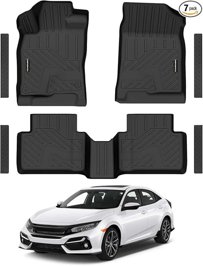 Floor Mats for 2016-2021 Honda Civic Sedan/Coupe/Type R/Insight,2017-2021 Hatchback All Weather TPE Floor Liners Custom Fit for Civic 2021 1st & 2nd Row & Door Sill Guards Anti-Slip Full Set Car Mats
