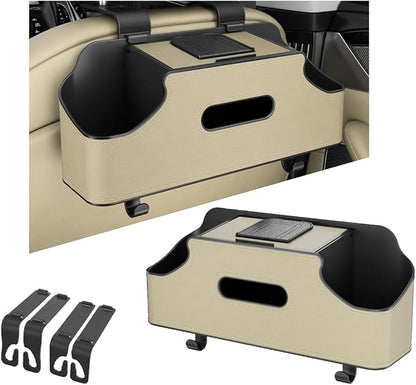 Car Seat Back Organizer, 3-in-1 Vehicle Backseat Storage Box with Cup Holder Tissue Box Trash Bin & Hooks, Multifunctional Auto Interior Headrest Organizer, Universal for SUV RV Truck (Beige)