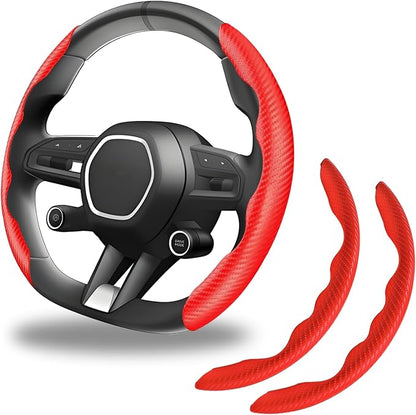 2pcs Carbon Fiber Anti-Skid Steering Wheel Cover, Anti-Skid Steering Wheel Cover/Segmented Steering Wheel Protector/Car Interior Accessories for Men/Women - Durable(Red)