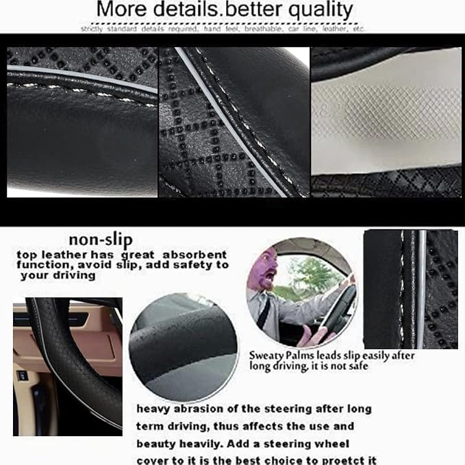 ESEWALAS Universal Car Steering Wheel Cover,Anti-Slip Leather Steering Wheel Cover,Sports Style Steering Wheel Protector,Car Interior Accessories Auto Steering Wheel Covers (Black with Gray)