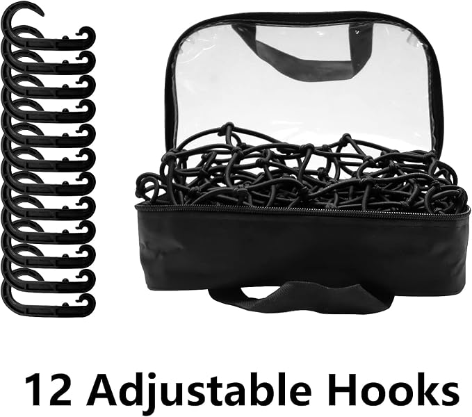 Funmit 22"x38" Cargo Net Stretches to 44"x76", Latex Bungee Cargo Net with 2"X2" Small Mesh and 12 Adjustable Plastic Hooks, for Car ATV Boat SUV Van Trailer Snowmobile (Black)