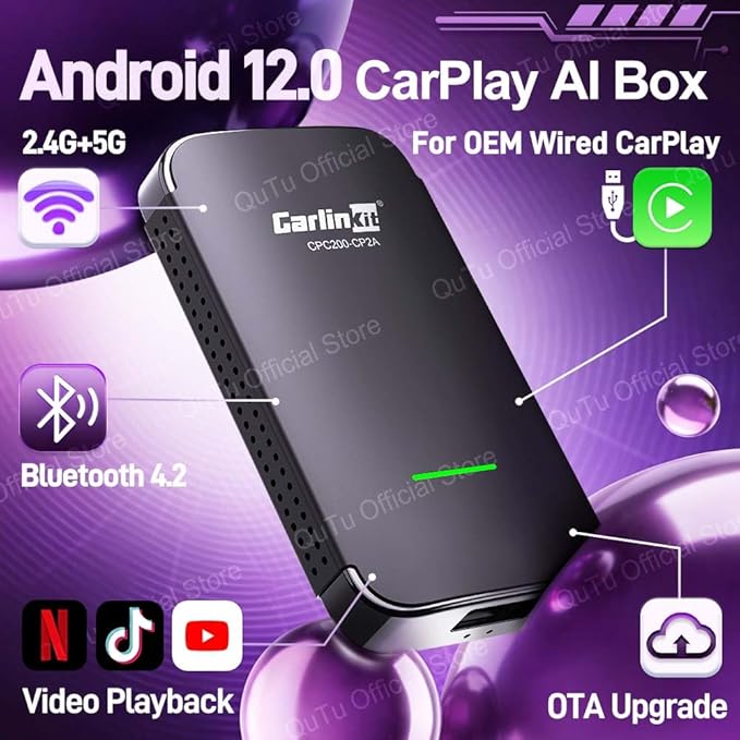 CarlinKit CP2A Pro AI Box – Convert Wired CarPlay to Wireless & Android Auto Supports Mainstream Streaming Video(Built-in)
