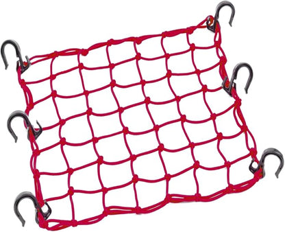Small Cargo Net 15"x15" Stretches to 30"x30" with Thicken Hooks | Natural Latex Core, Tight 2”x2” Mesh Heavy Duty Bungee Net for Motorcycle Helmet, Bike, ATV, UTV, Luggage (Red, 1 Pack)