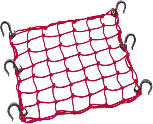 Small Cargo Net 15"x15" Stretches to 30"x30" with Thicken Hooks | Natural Latex Core, Tight 2”x2” Mesh Heavy Duty Bungee Net for Motorcycle Helmet, Bike, ATV, UTV, Luggage (Red, 1 Pack)