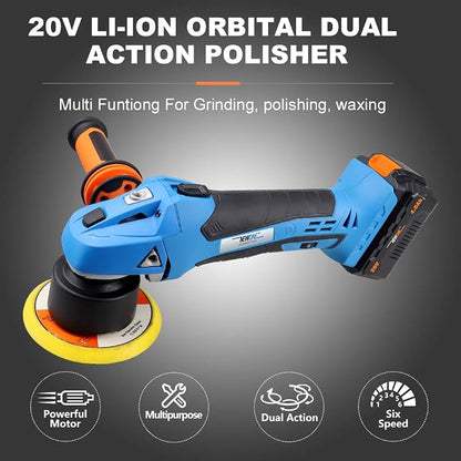 NEWONE 20V Cordless Round Orbital Polisher, Dual Action Buffer, 5-Inch, 6 Variable Speeds, Anti-vibration Handle, Car Sanding Polishing Waxing, 4.0Ah Battery and Fast Charger