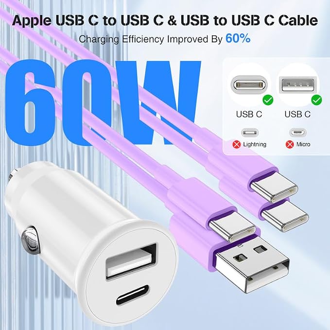 USB C Car Charger for iPhone 17 16 15 Pro Max,40W Dual Port USB-C & USB-A Car Fast Charging Adapter, 2X6FT C to C Cable & A to C Carplay Cable for iPhone 17 16 15 Series/iPhone Air,iPad,Samsung-Purple
