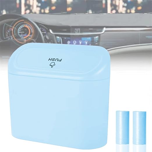 Car Trash Can, Mini Car Bin with Lid 2 Trash Bag Blue, Cute Car Accessories for Storage and Organization，Small Trash Can for car，Bedroom and Office