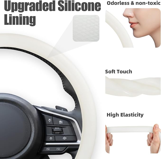 Universal Car Steering Wheel Cover for Summer, Non-Slip Breathable Cooling Steering Wheel Cover Protector with Brown Mark Upgraded Silicone Inner Ring for Summer D Shape & Round Shape, Khaki