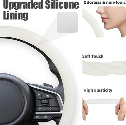 Universal Car Steering Wheel Cover for Summer, Non-Slip Breathable Cooling Steering Wheel Cover Protector with Brown Mark Upgraded Silicone Inner Ring for Summer D Shape & Round Shape, Khaki