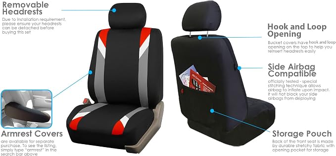 FH Group Front Set Cloth Car Seat Covers for Low Back Car Seats with Removable Headrest, Universal Fit, Airbag Compatible, Seat Cover for SUV, Sedan, Van, Red