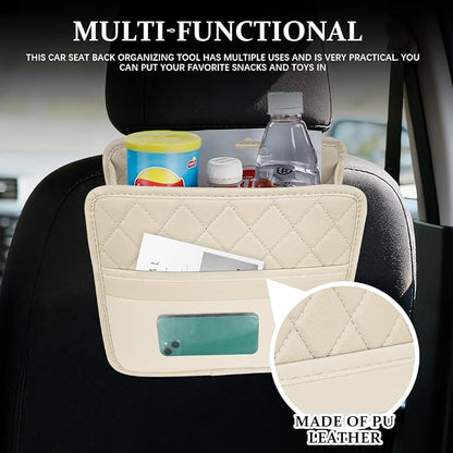 Car Seat Back Organizer, Leather Backseat Hanging Storage Bag, Multipurpose Car Hanging Trash Bag with 2 Compartments, Car Large Capacity Pouch Pocket for Kids & Adults (Beige/Transparent Bag)