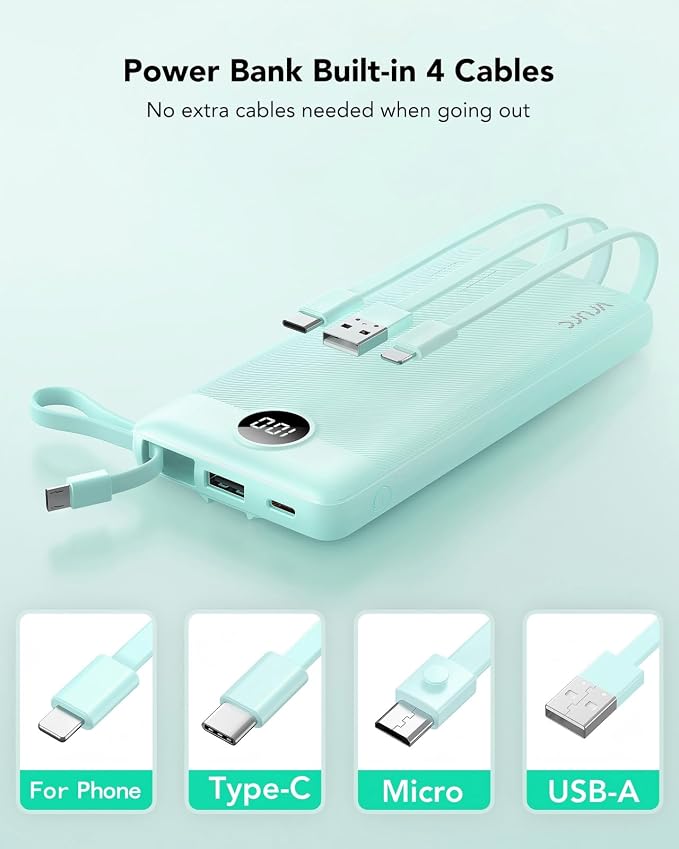 VRURC Portable Phone Charger for iPhone, 10000mAh Power Bank Built in Cables & Lanyard, Slim USB C Battery Bank 5 Outputs for Multi Devices,Travel Essential for College Students Teen Boys Girls-Green