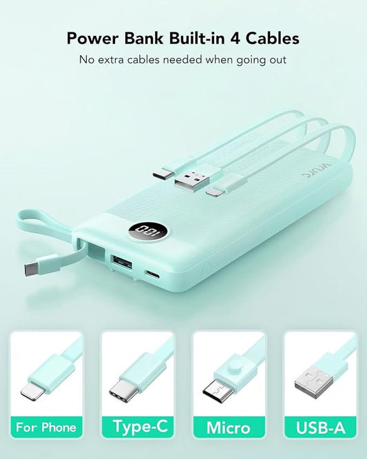 VRURC Portable Phone Charger for iPhone, 10000mAh Power Bank Built in Cables & Lanyard, Slim USB C Battery Bank 5 Outputs for Multi Devices,Travel Essential for College Students Teen Boys Girls-Green