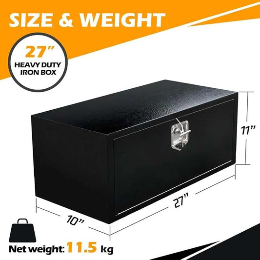 27 Inch Underbody Truck Tool Box, Heavy Duty Steel Underbody Toolbox with T-Handle Lock & Weatherproof Seal, Black Truck Trailer Tool Box for Pickup, Semi Truck, RV, Flatbed, Tractor (27×10×11)