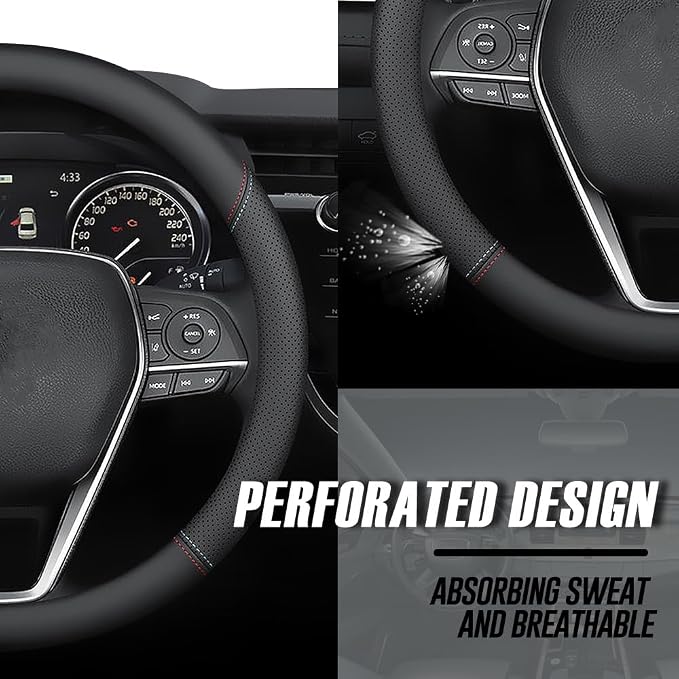 LKWLIKEI Nappa Premium Leather car Steering Wheel Cover, Non-Slip, Breathable, Universal 15 inches (red Blue line)