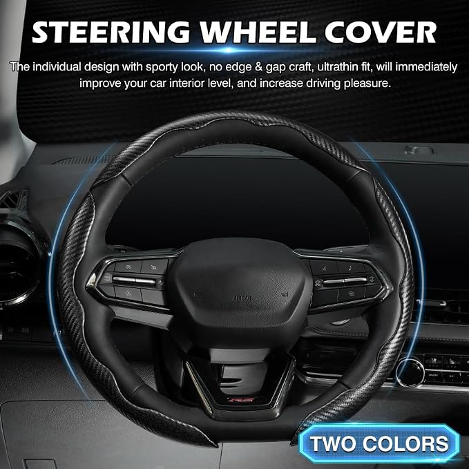 3 Piece Carbon Fiber Steering Wheel Cover, Car Steering Wheel Cover for Men/Women, Anti-Slip, Comfortable Grip, Durable, Universal for 99% Car Interior Accessories (Black)