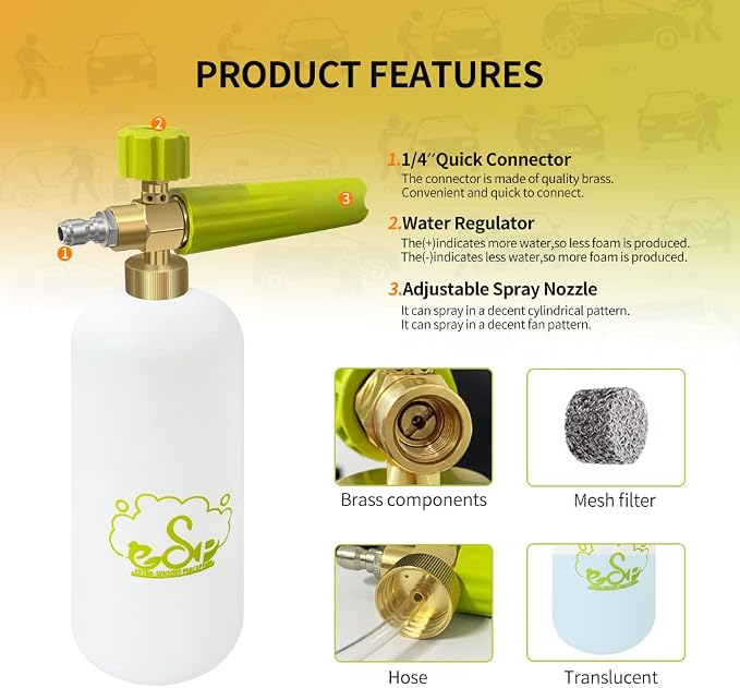 ESP Foam Cannon Snow Foam Lance Pressure Power Jet Washer Quick Release Adjustable Nozzle with 1 Liter Bottle Washing Mitts 1 Towel