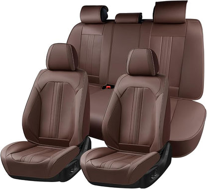 Huidasource Coffee Seat Covers, Luxury Faux Leather Car Seat Cover, Velcro Adjustable, with Airbags, Child Seat, Perforation Cooling＆Heating, Universal Fit for Most Cars, Vans, Trucks, SUVs, Coffee