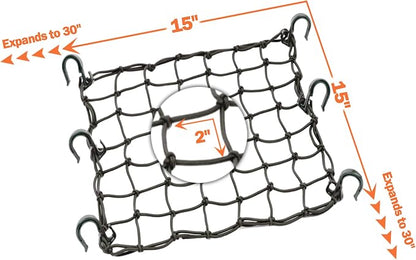 Cargo Net 15"x15" Stretches to 30"x30" with Thicken Hooks | Natural Latex Core, Tight 2”x2” Mesh Small Heavy Duty Bungee Net for Motorcycle Helmet, Bike, ATV, UTV, Luggage (Black, 1 Pack)