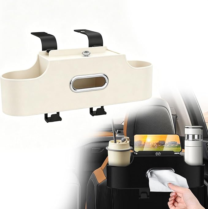 4-in-1 Back Seat Car Organizer, Adjustable Hooks, Universal Fit, with Cup Holder, Tissue Box & Storage, for Travel, Stores Phone, Snacks, Drinks, Handbags, Keeps Car Neat & Space-Saving (Beige)
